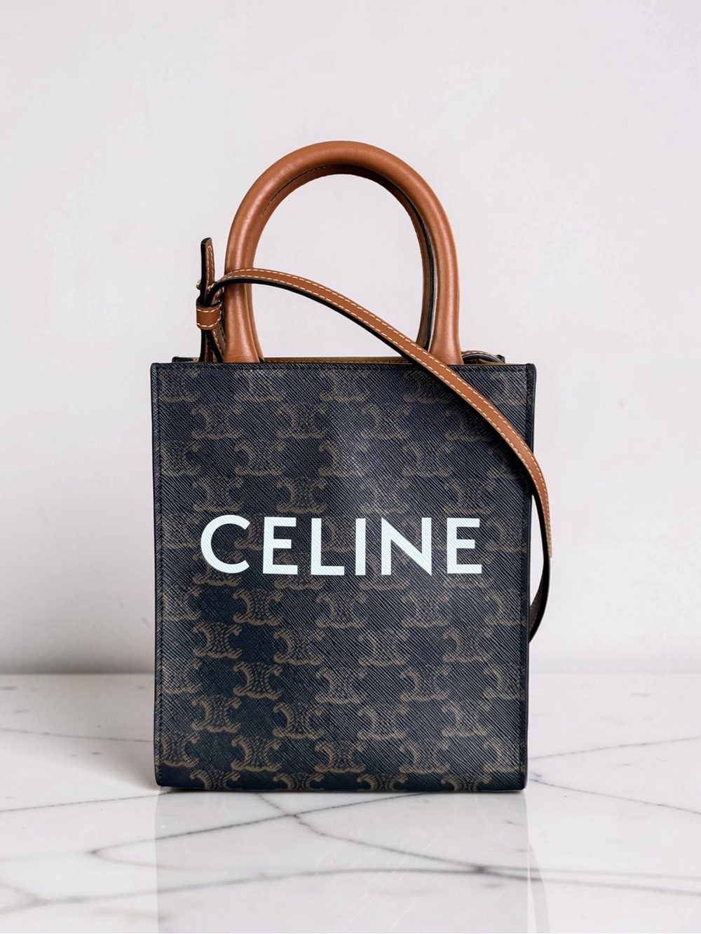 CELINE Mini Vertical Cabas Triomphe Canvas Crossbody Tan Calfskin